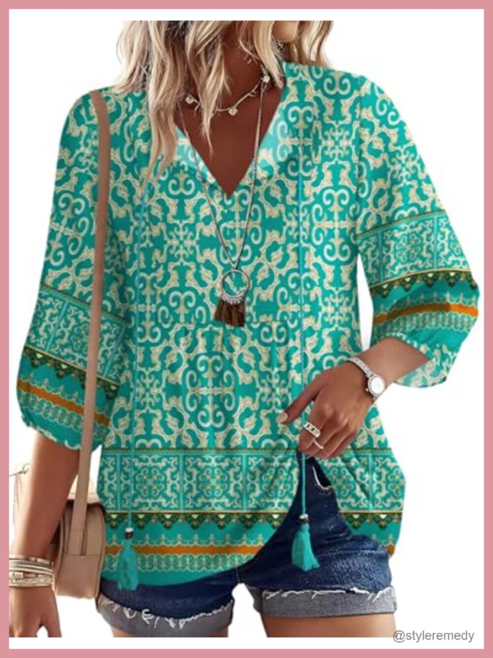 Women's Boho Pleated Tunic Top 3/4 Sleeve V-Neck Tie Front Rayon Cotton Linen